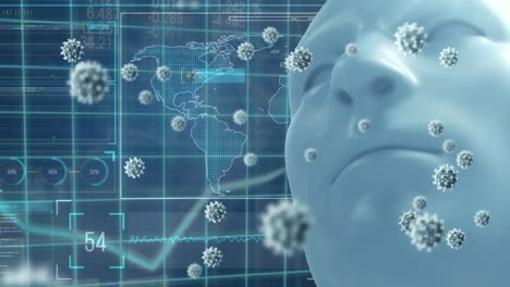 animación de células de virus, mapa del mundo y modelo de rostro humano sobre la pantalla con diversos datos