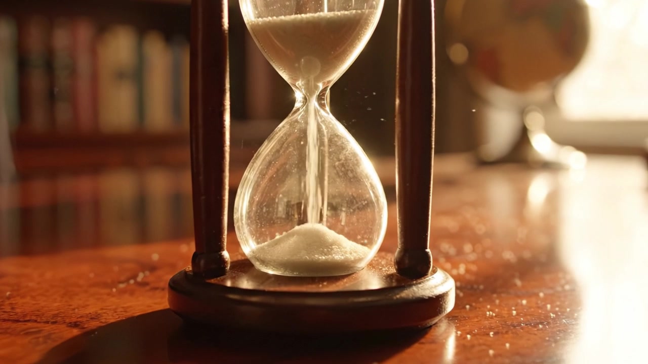 Una clessidra elegante che cattura il passare del tempo con un tocco di fascino vintage in un accogliente ambiente di studio, evidenziando particelle di polvere in una luce soffusa.
