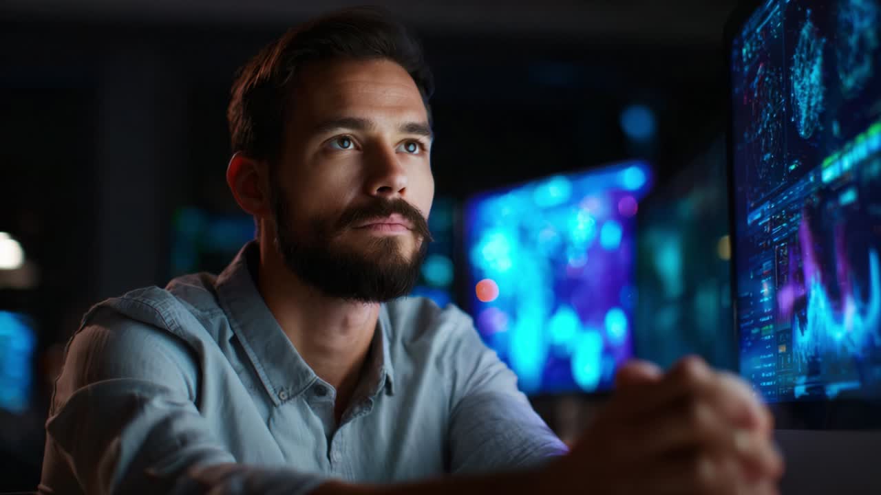 Focused Professional Analyzing Data on Multiple Monitors with Visual Graphs in a Dark Room, Illuminated by Colorful Screens Reflecting Technology and Innovation in a High-Tech Environment