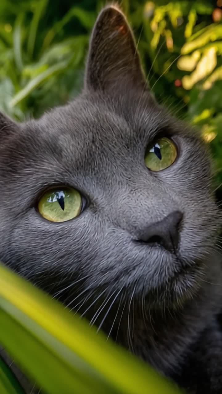 Una vista ravvicinata di un bellissimo gatto grigio con sorprendenti occhi verdi, circondato da una vegetazione lussureggiante, che cattura un momento di curiosità e serenità.