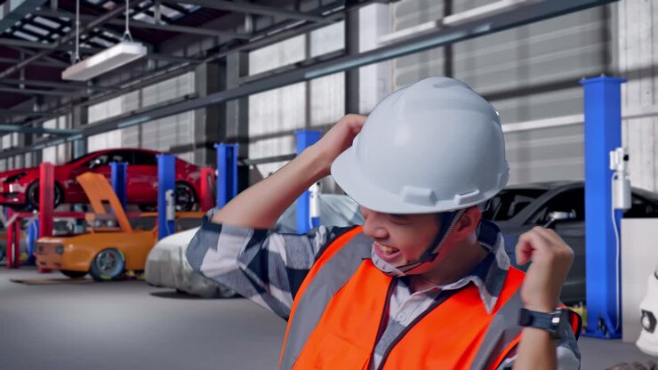 Close Up Of Asian Male Engineer With Safety Helmet Screaming Goal And Dancing Celebrating in Auto Repair Shop