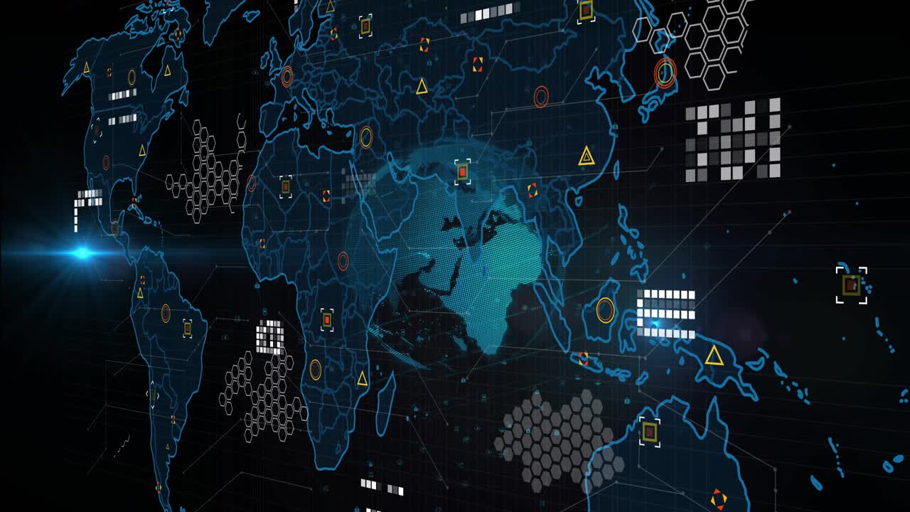 Glowing world outline fading starting rotating 3D globe shifting into map visualizing data overlays