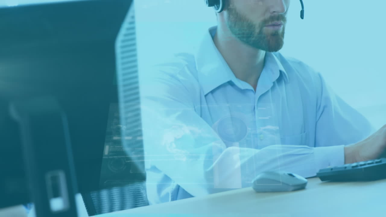 animación del procesamiento de datos financieros sobre el empresario que trabaja en la oficina