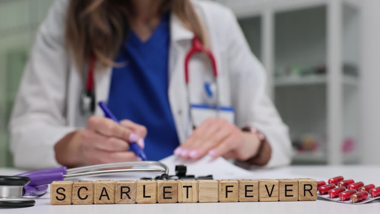 Wooden blocks spell words scarlet fever near stethoscope