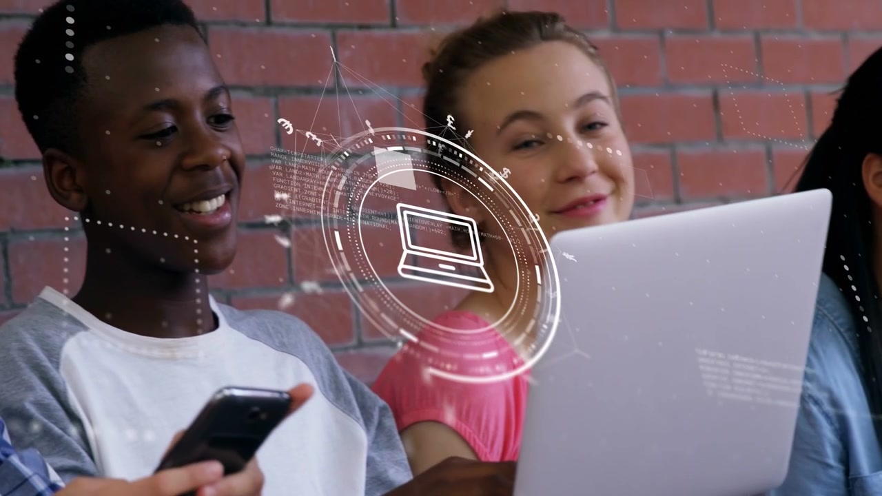 Students tapping phones in school hall, animated HUD orbiting and highlighting laptop for sharing
