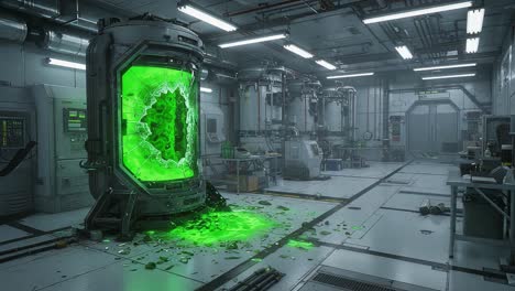 a mysterious green portal emerges in a high-tech lab, shattering reality with fragments scattered across the floor as scientists observe the unexpected phenomenon