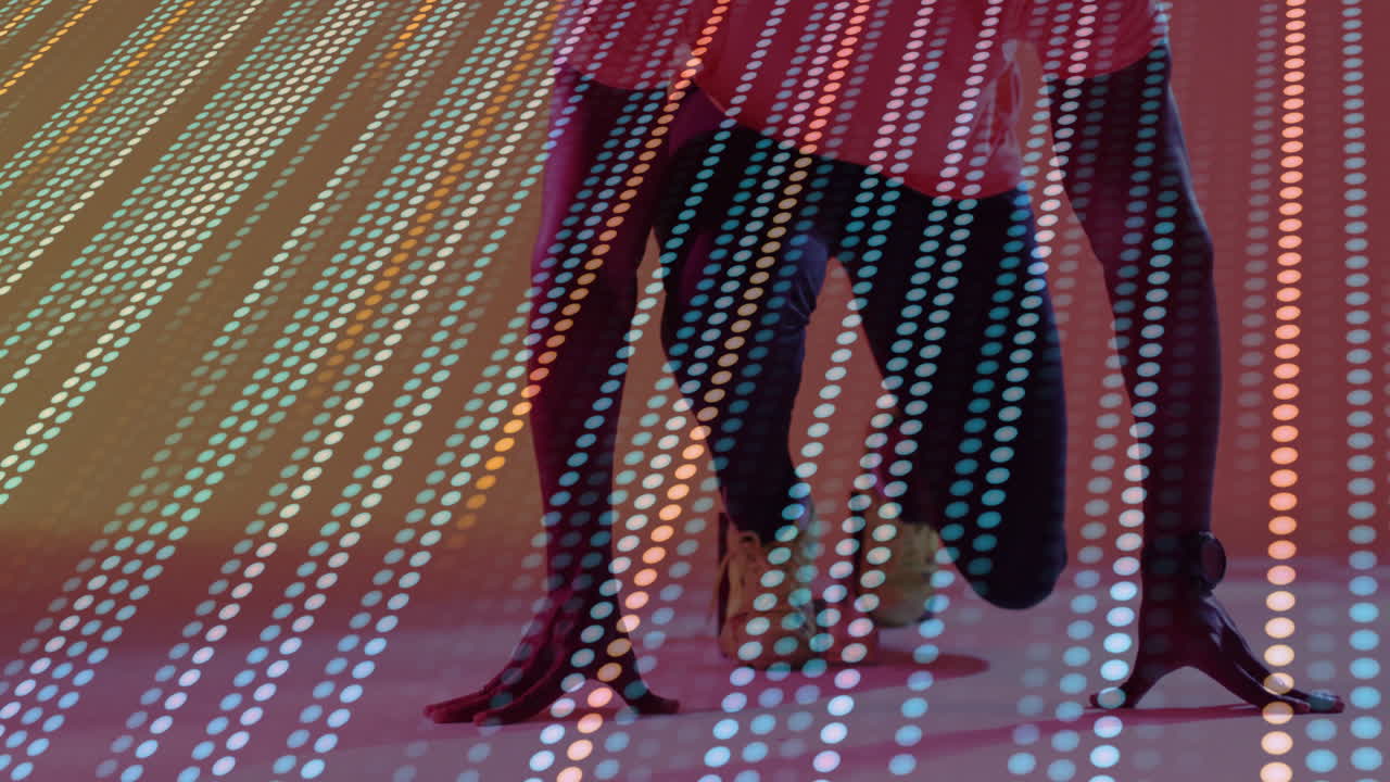 Two athletes preparing for sprint start with glowing data dots, running shoes in sports tech demo