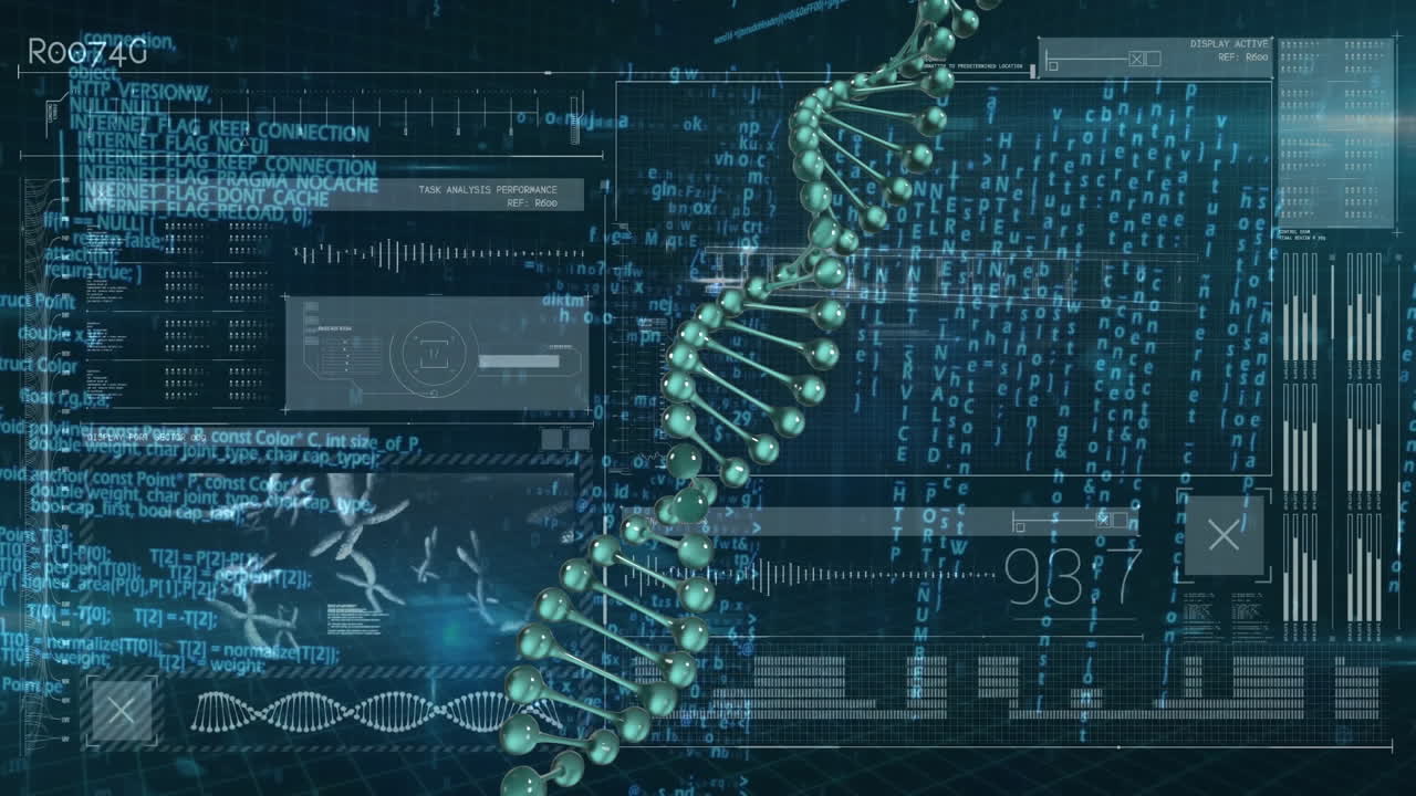 Animation of dna strand spinning and data processing on screens