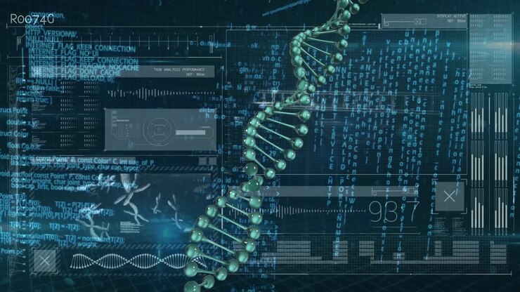 Animation of dna strand spinning and data processing on screens