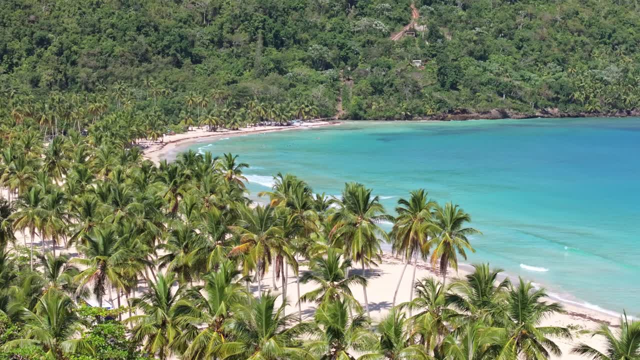 Panorama da drone di acqua turchese della baia di fronte a una spiaggia sabbiosa con palme.