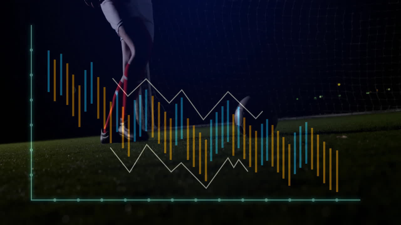 Soccer player kicking ball with data graph animation overlay on field