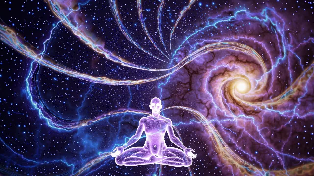 Una scena video cosmica mostra una figura luminosa che medita nello spazio, con una galassia vorticosa sullo sfondo