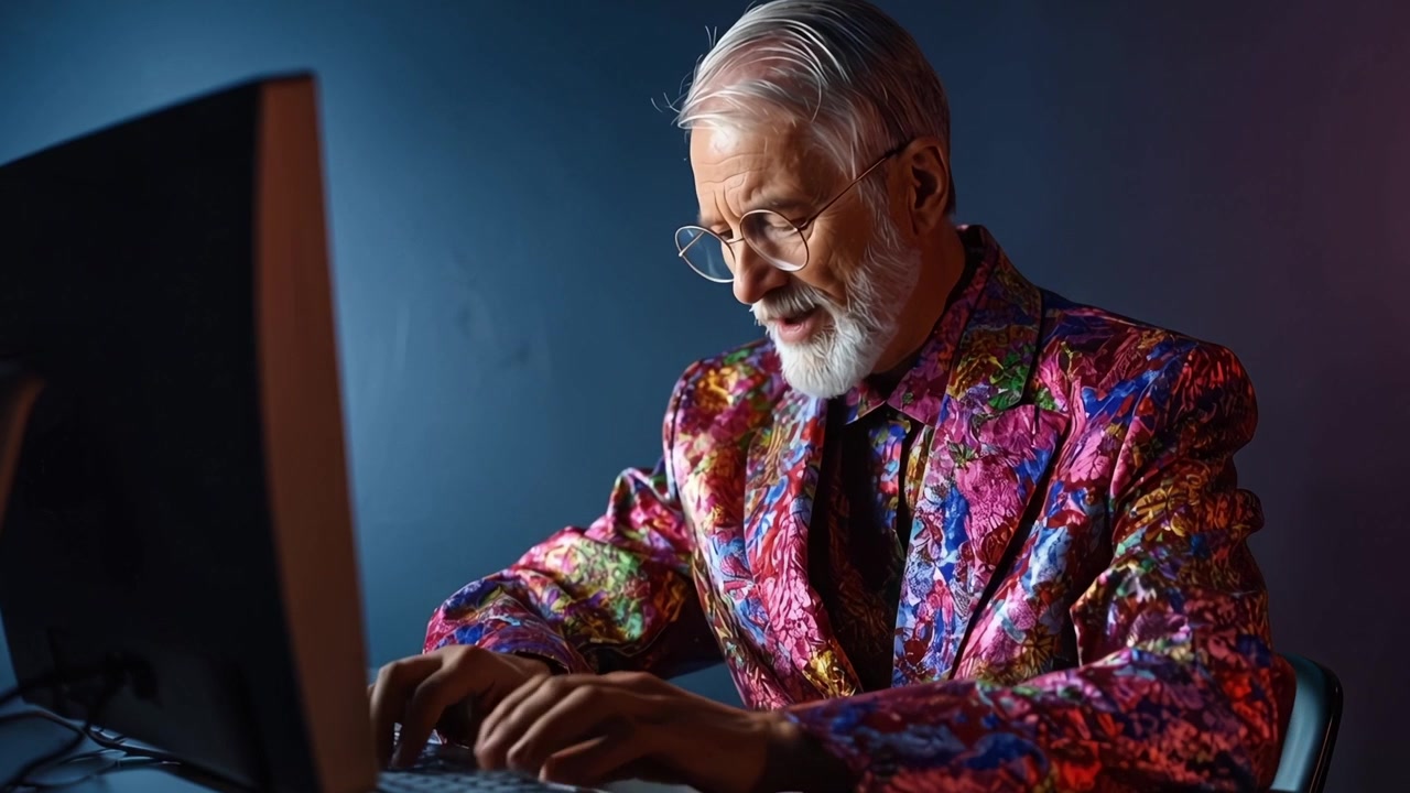 Uomo anziano con giacca floreale colorata che digita al computer e sorride