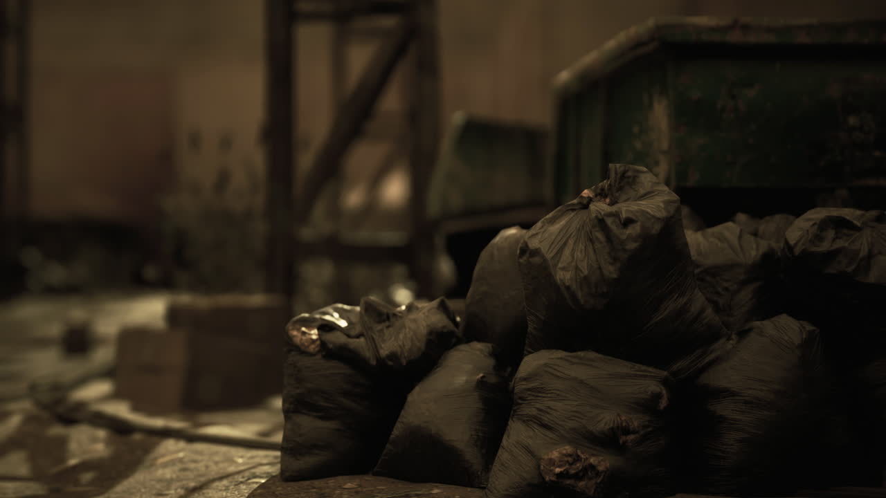 Pile of black trash bags in a dimly lit industrial area during late evening