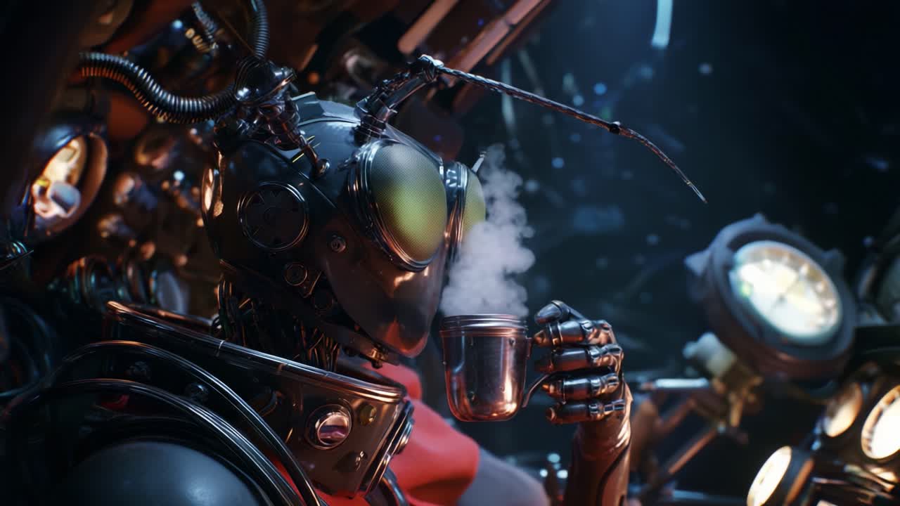 A futuristic robot innovatively sipping coffee from a metallic cup, showcasing intricate mechanical design and sci-fi elements, surrounded by detailed instruments and glowing lights