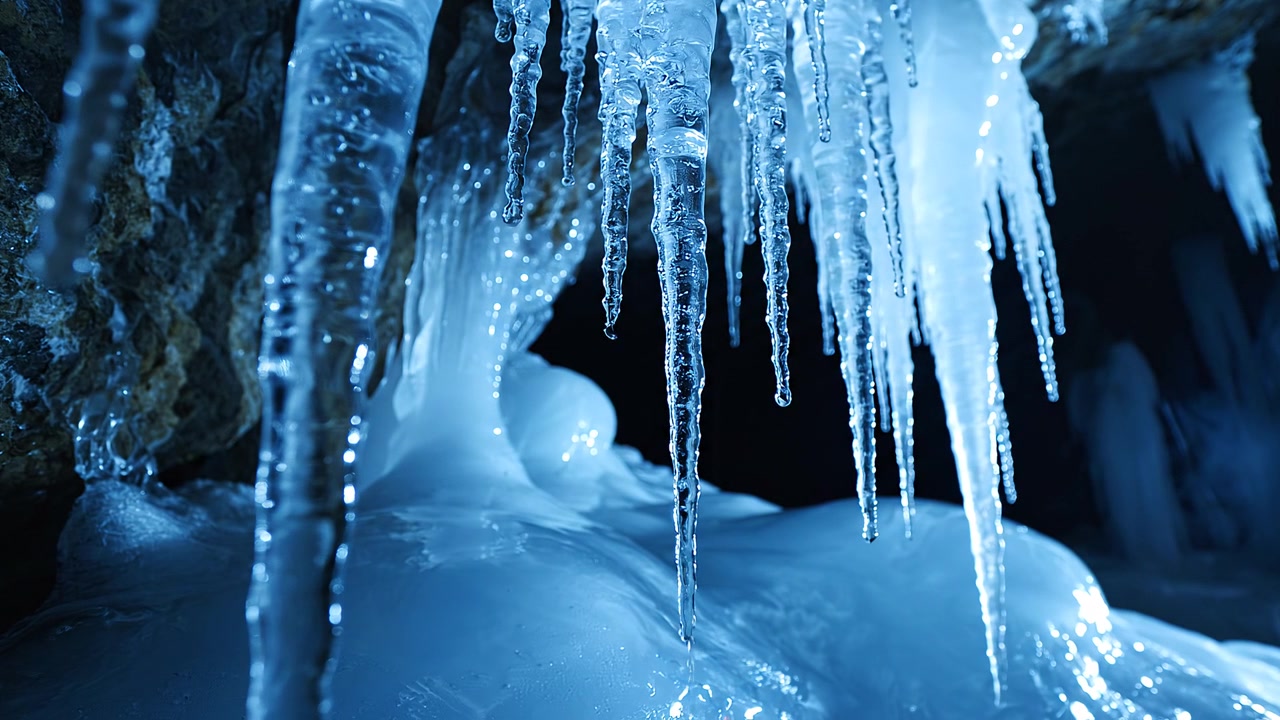 Beautiful Blue Icicles and Frozen Formations inside a Cave