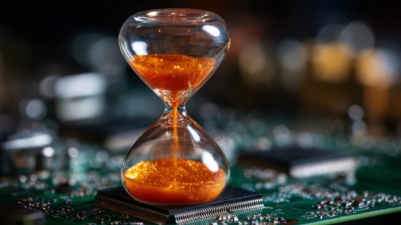 An Enigmatic Hourglass Capturing the Essence of Time Against a Backdrop of Technology, Showcasing Elegant Glass Design and Vibrant Orange Sand That Flows Gracefully Over a Circuit Board Surface