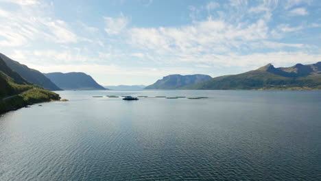 aquaculture salmon farm industry in norway with round marine pens. aerial