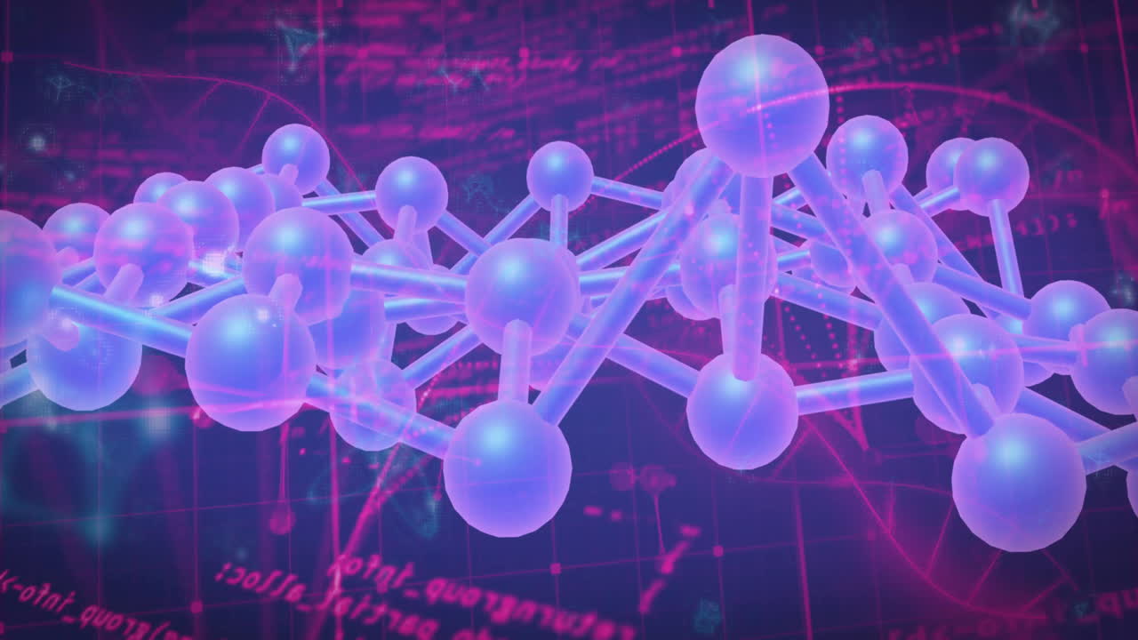 Glowing spheres in animation of molecular structure over digital grid with data