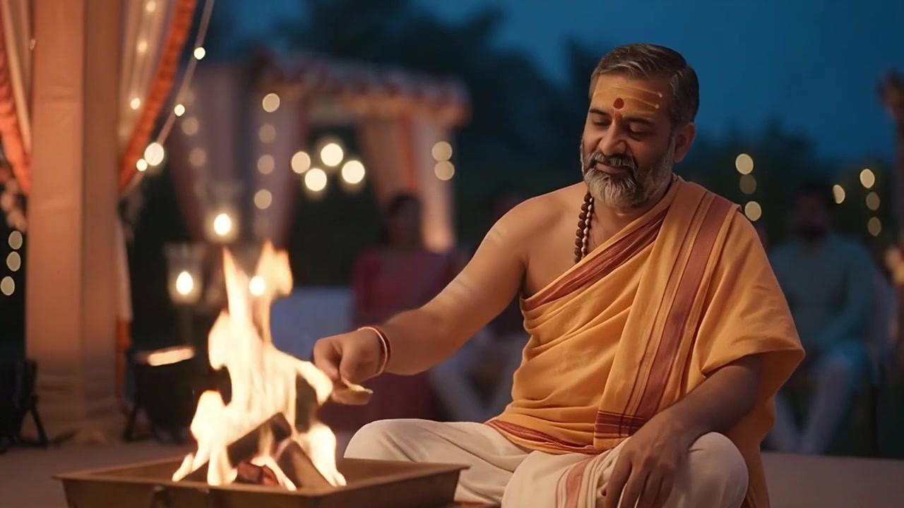 Hindu Priest Performing Traditional Wedding Ritual at Night