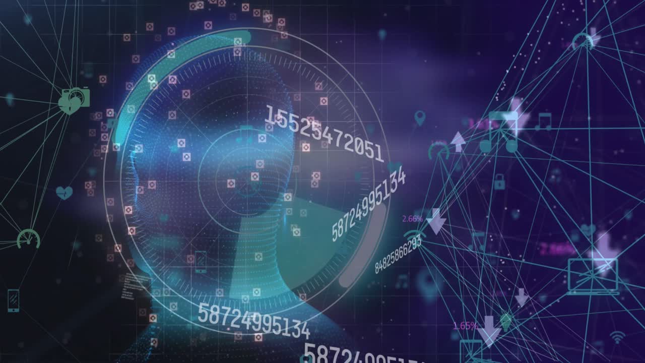 숫자와 다양한 기호로 회전하는 3차원 인간 다이어그램의 애니메이션