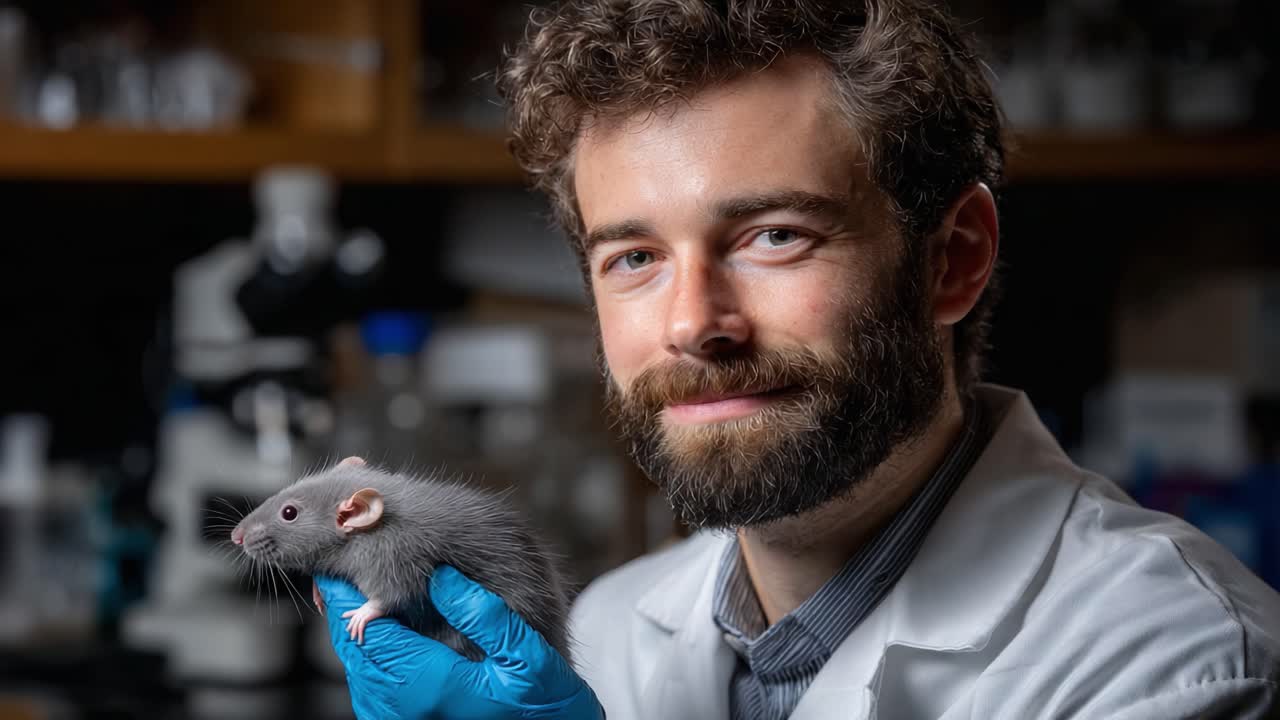 A Researcher Holds a Gray Rat in a Laboratory Setting, Showcasing the Connection Between Science and Animal Studies in a Highly Professional Environment