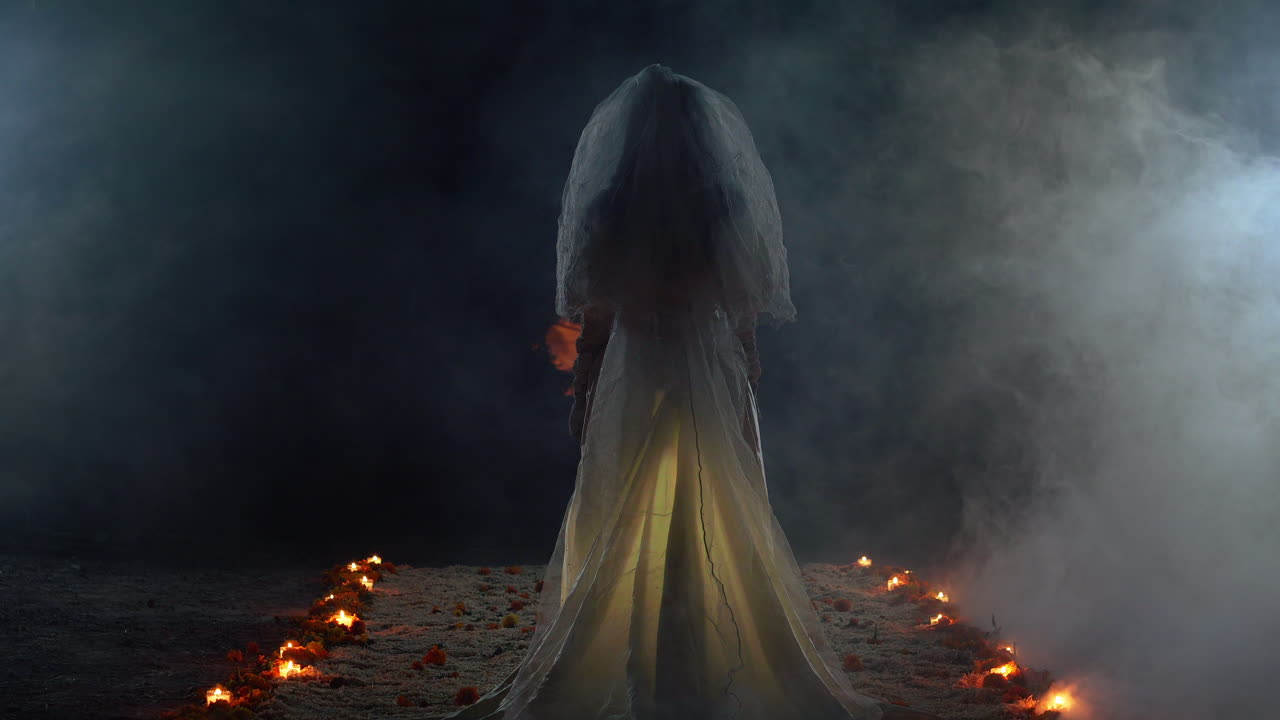 Una novia fantasma rodeada de velas de pie en una habitación oscura y aterradora.