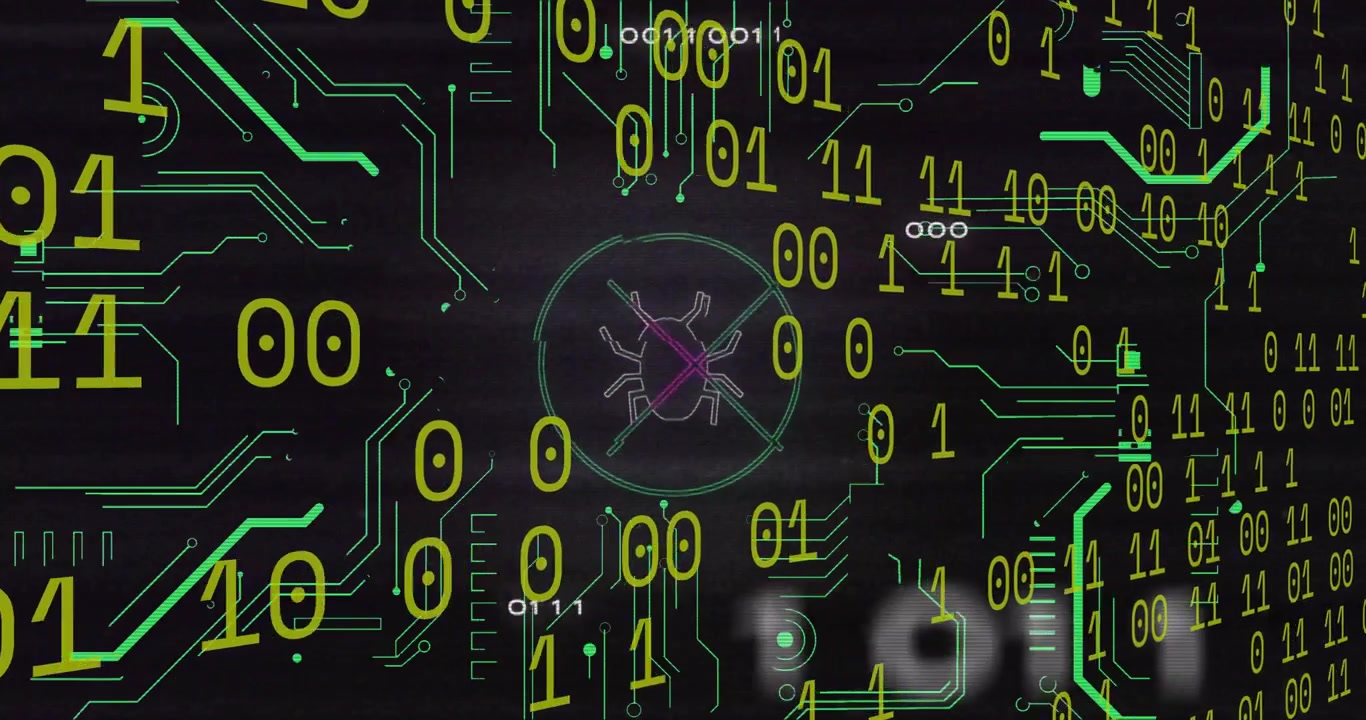 Binary digits drifting starting circuit lines weaving around pulsing bug icon showing malware scan
