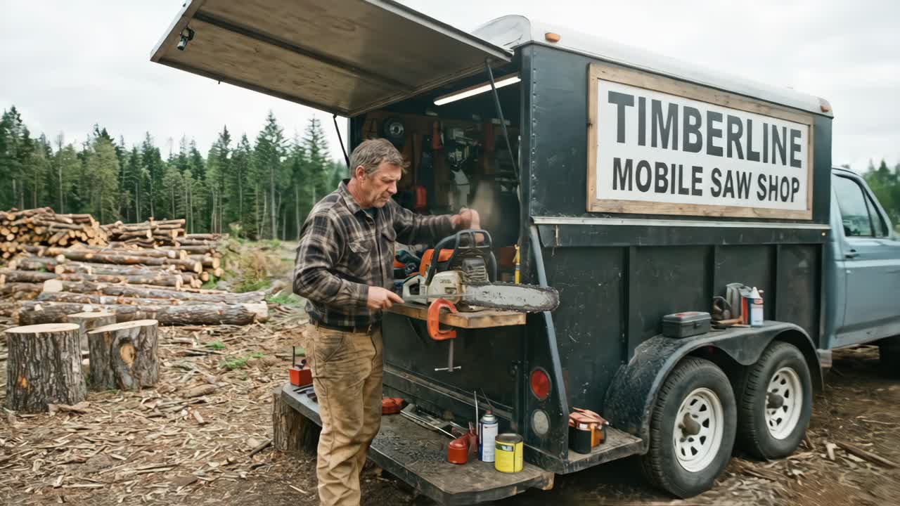 Man Sharpening Chainsaw at Mobile Saw Shop in Logging Area