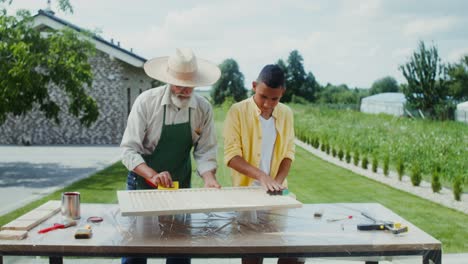 grandpa and grandson working on wood project in garden