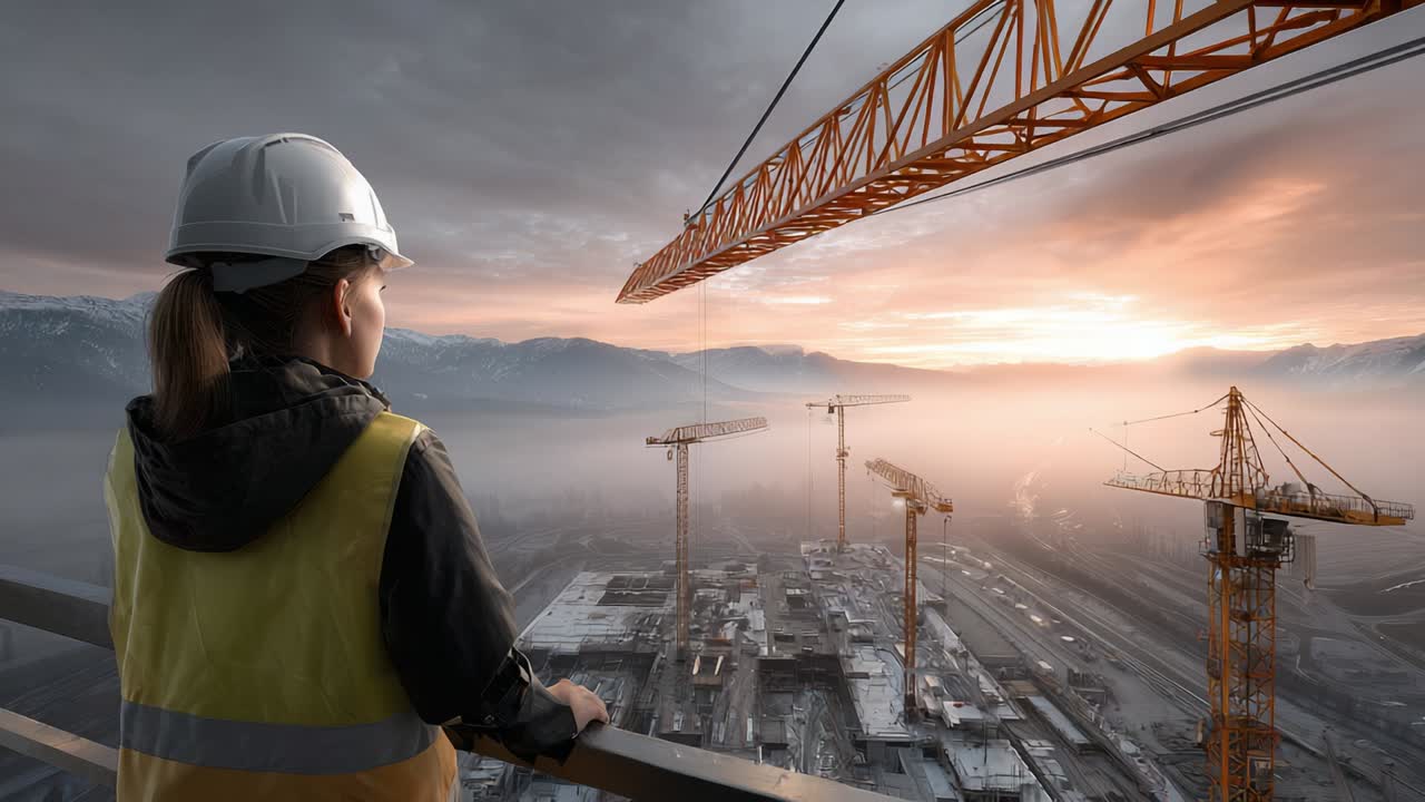 Female Engineer Overseeing Construction at Sunset