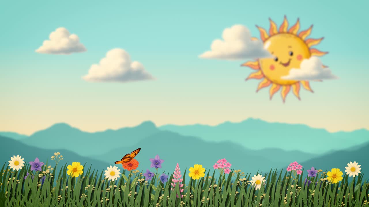 Vibrant animated landscape with a bright rainbow, sunny sky, and ...