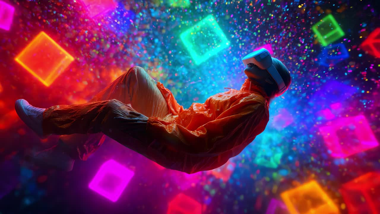Immersive Virtual Reality Experience: A Visual Journey of Neon Lights and Floating Cubes Showcasing the Dynamic Interaction Between Technology and Imagination in a Colorful Digital Universe