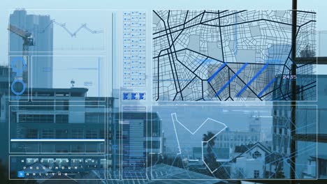 Animation-of-interface-with-data-processing-against-aerial-view-of-cityscape