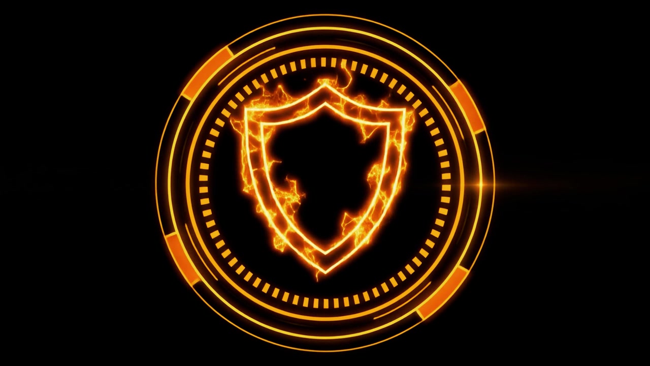 Animated Glowing Shield Icon with Digital HUD for Security
