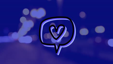 animation of heart icon over cityscape at night on blue background