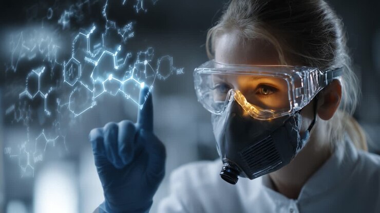 Um Cientista Analisando Estruturas Moleculares com Tecnologia Futurista em um Ambiente Laboratorial, Focado em Reações Químicas e Descobertas