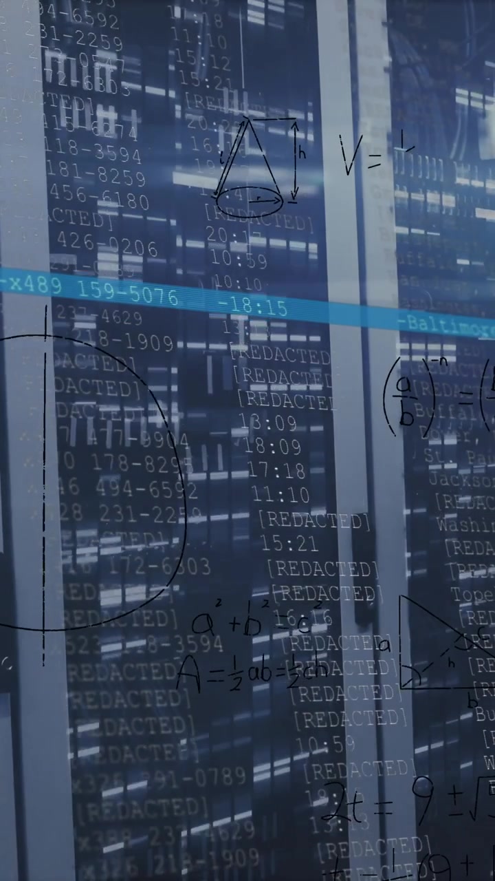 Animation of mathematical equation and diagrams over falling bars against server rack in background