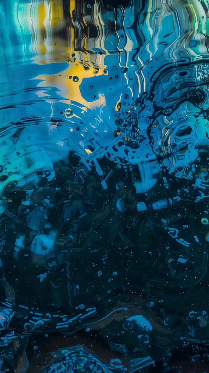 Video verticale: pellicola d'acqua increspata che reagisce alle perturbazioni dei bordi in macro, con bolle e increspature
