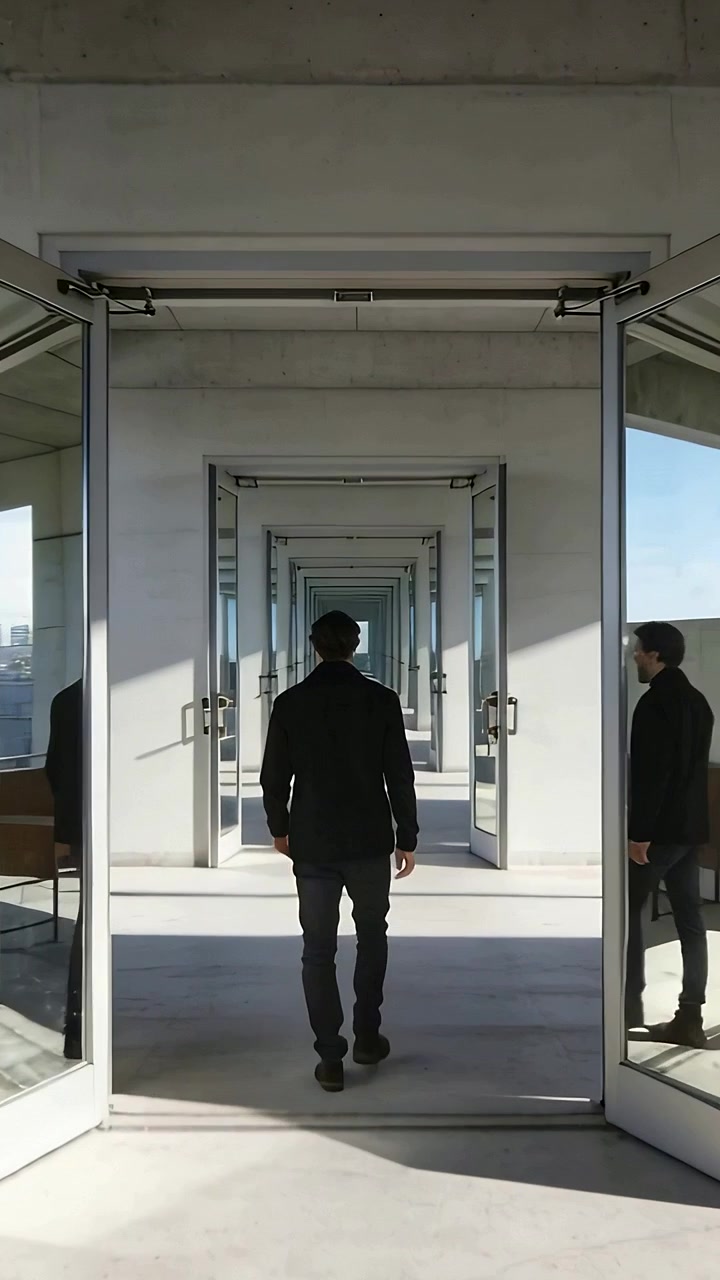 Video verticale: Uomo in cappotto scuro che entra dalla prima porta, camminando attraverso porte a vetri verso lo skyline.