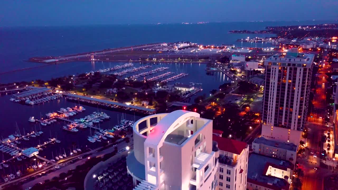4K Aerial Nighttime Video of Marina and Waterfront of St Petersburg, Florida