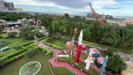 aerial view of bhahmos super sonic indian missile displayed in a science exhibition at science city in kolkata, west bengal.