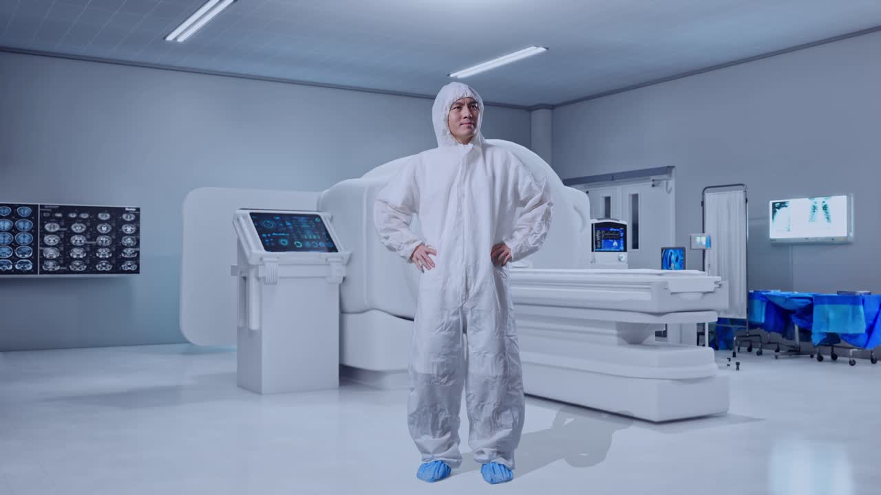 Full Body Of Asian Male Scientist Putting Hands On His Hip And Looking Around With MRI Machine In The Hospital