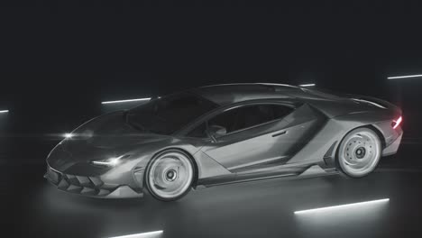 a sports car drives at speed on a road with neon lights