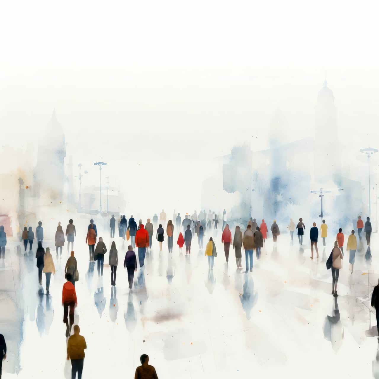 Vista aerea di un paesaggio urbano acquerellato con figure sfocate, che evoca una scena video onirica.