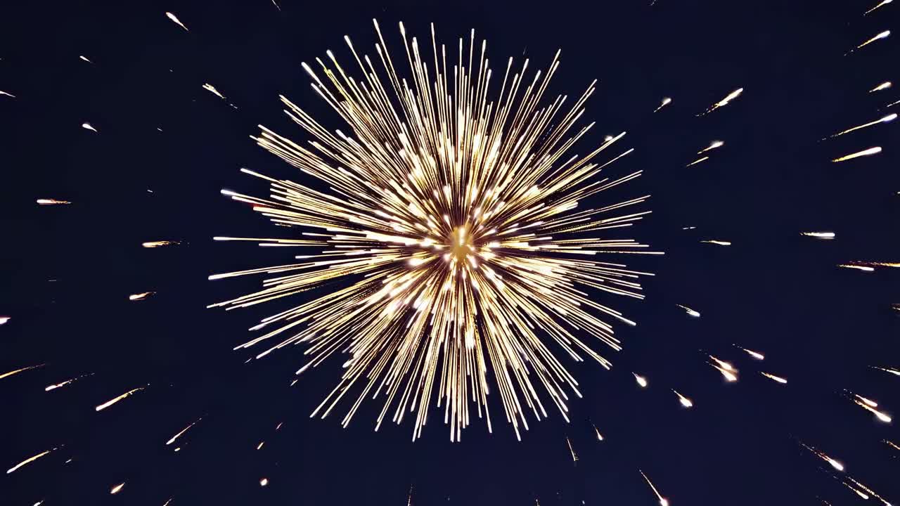 Vista aerea di una vivace esplosione di fuochi d'artificio su un cielo scuro, catturata in un formato dinamico e cinematografico.