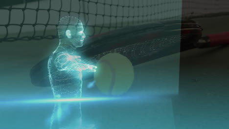 glowing turquoise wireframe hologram hovering in t-pose over blurred racket ball net with flares