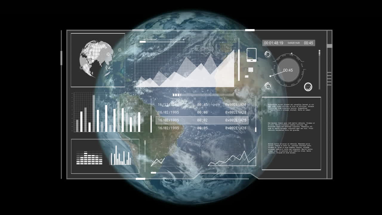 Animation of digital data processing over globe on black background