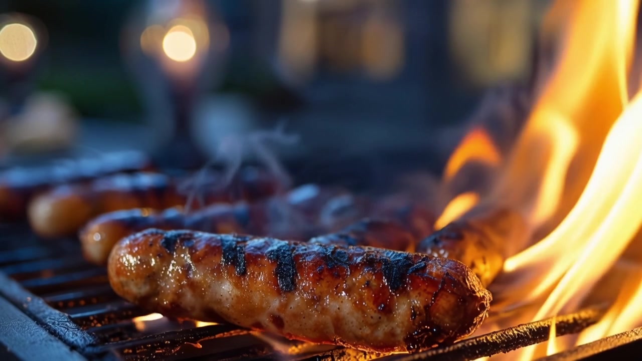 Salsicce alla Griglia su Fiamme Vive: Un'Esperienza di BBQ Accattivante che Cattura lo Sfrigolio e il Sapore Affumicato della Carne Deliziosamente Cotta
