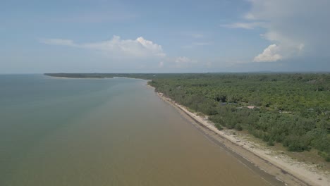 aerial drone view during summer alit fishing village,kabong with, facing open blue sea, white sandy beach,green coconut, palm trees,and river,sarawak,borneo